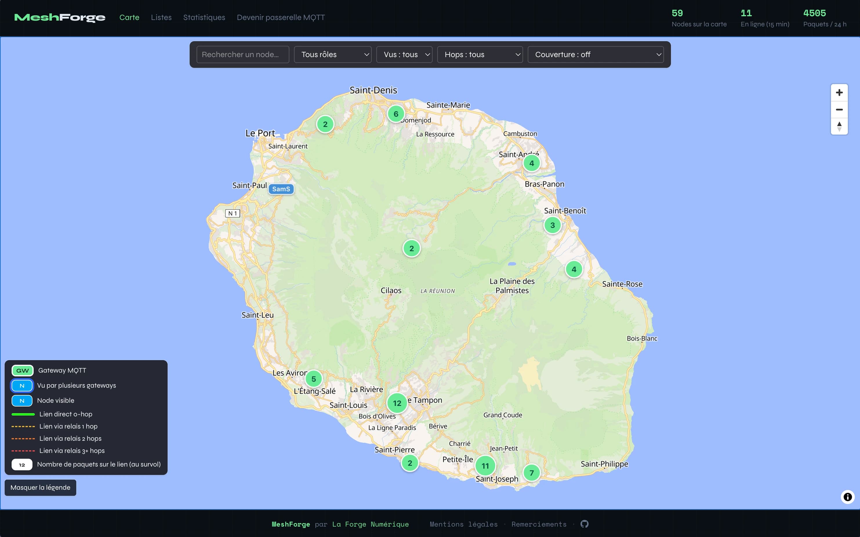 Carte MeshForge : les nœuds du réseau LoRa répartis sur La Réunion