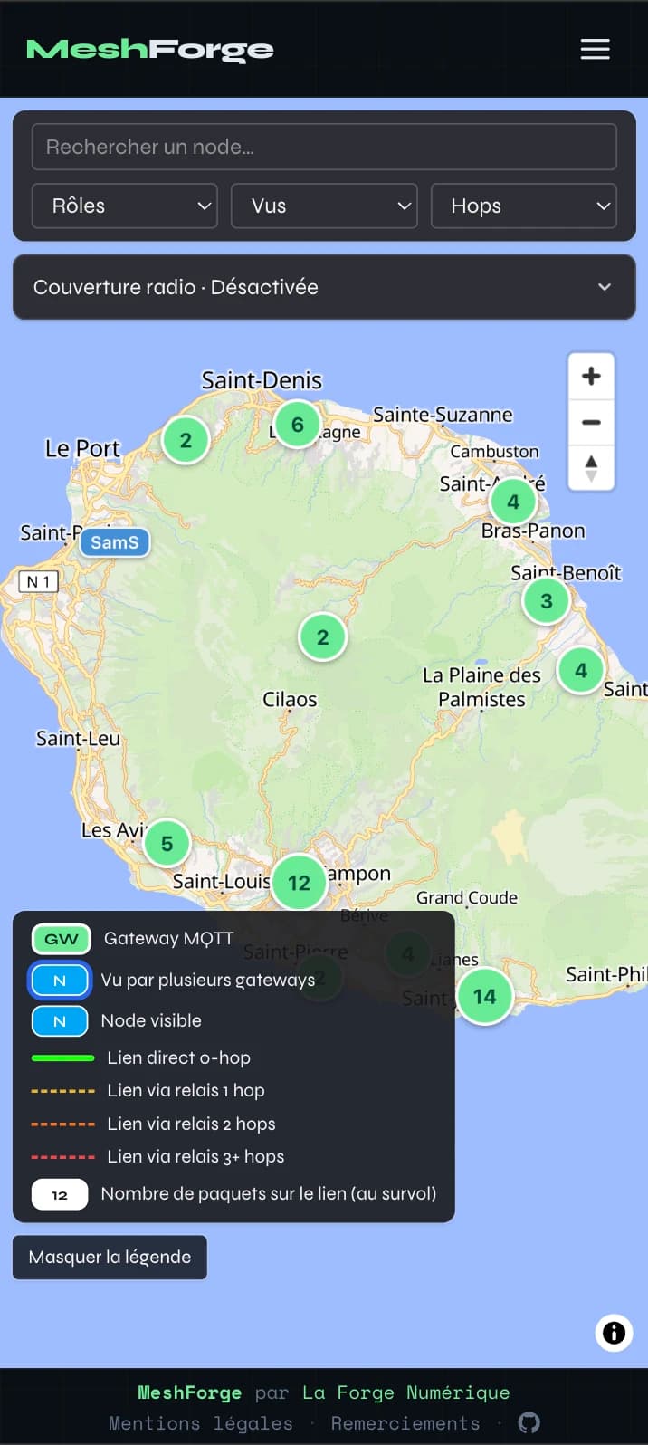 MeshForge sur mobile : la carte du maillage réunionnais et sa légende