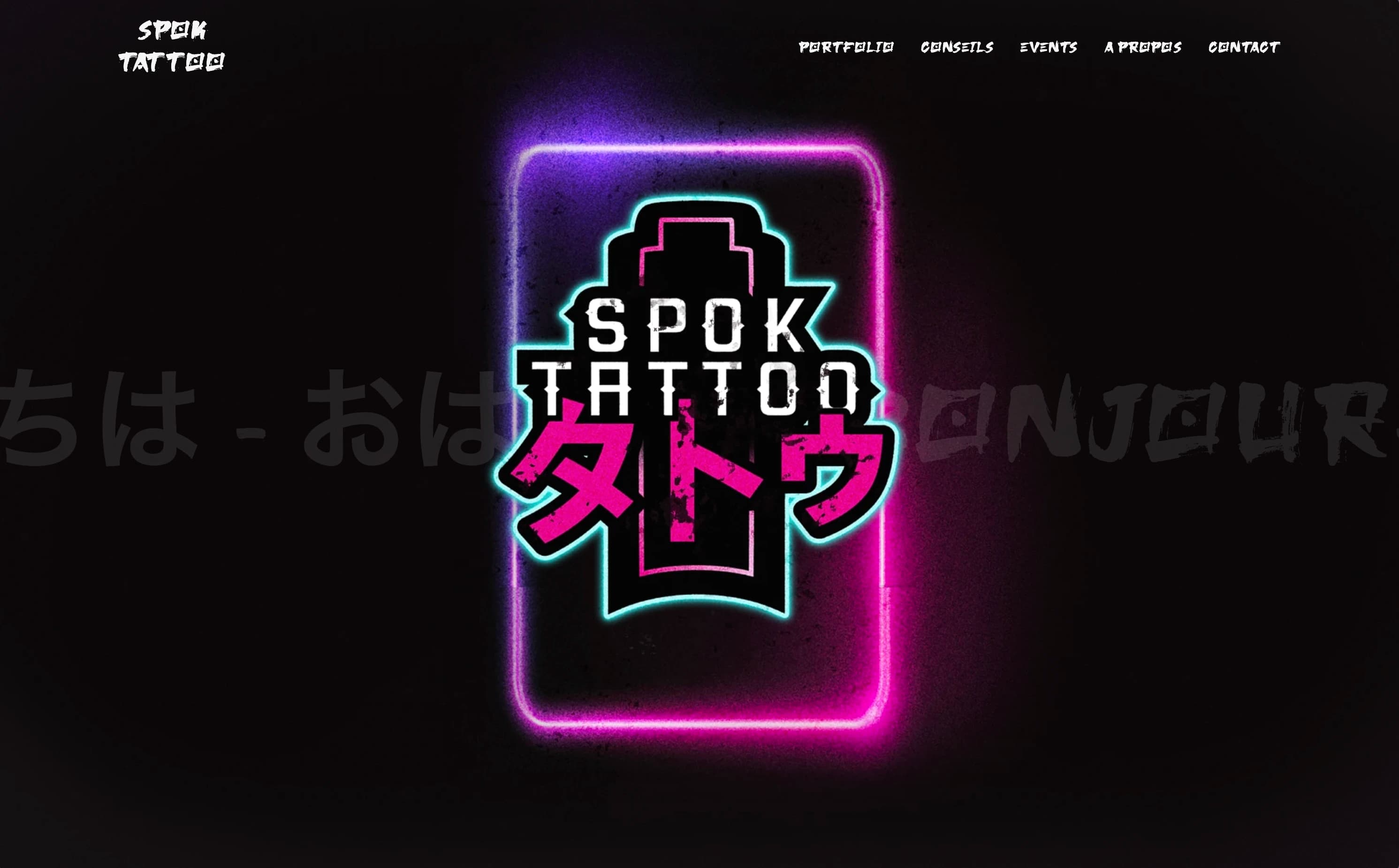 Page d'accueil de Spok Tattoo : logo au néon rose et cyan sur fond noir