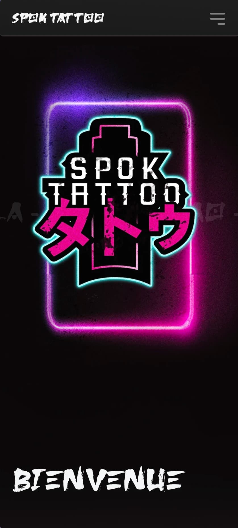 Accueil de Spok Tattoo sur mobile : le logo au néon rose et cyan sur fond noir