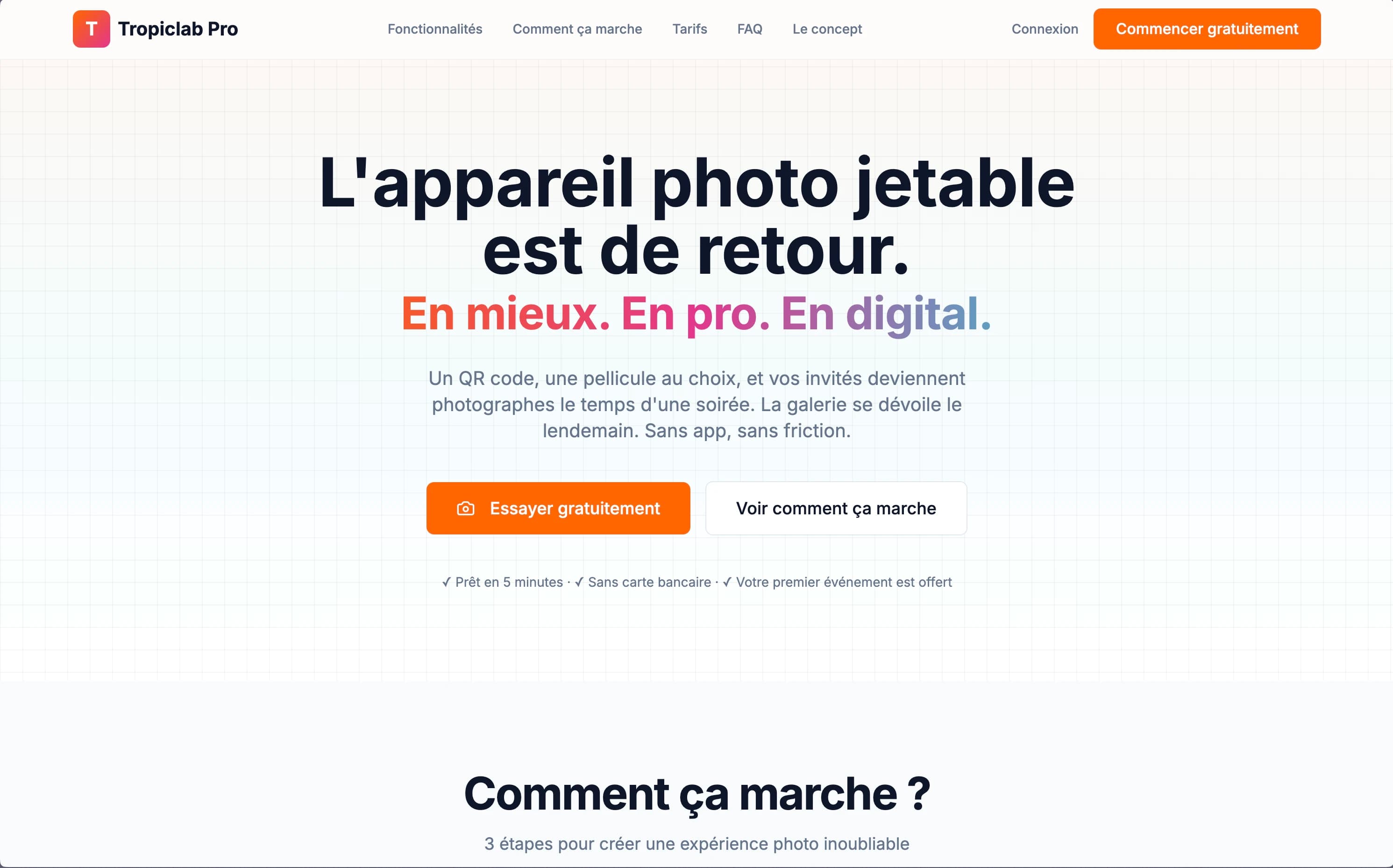 Page d'accueil de TropicLab : « L'appareil photo jetable est de retour »
