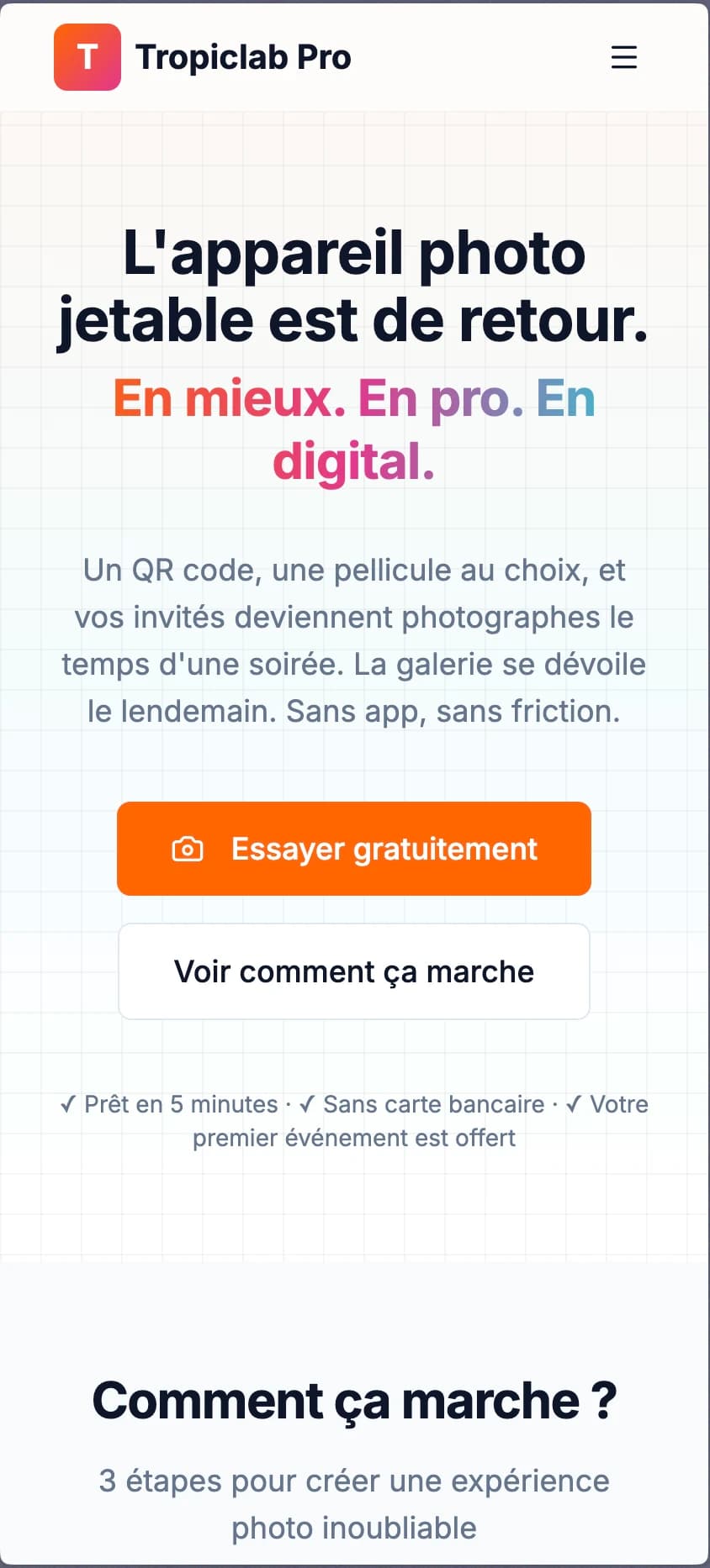 Accueil de TropicLab sur mobile : « L’appareil photo jetable est de retour »