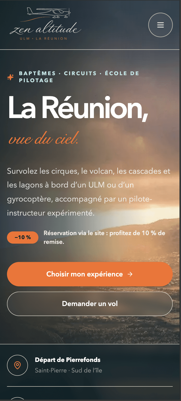 Accueil de Zen Altitude sur mobile : « La Réunion, vue du ciel » et les deux boutons de réservation